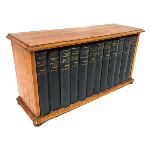 Antique Set of H.G. Wells Books on Oak Wooden Bookcase / Rack / Odhams Press